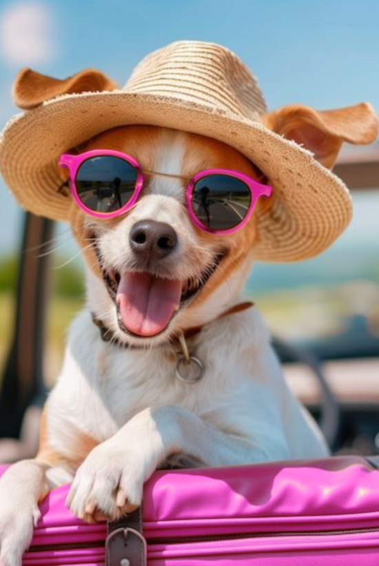 A happy dog wearing a straw hat and pink sunglasses sticks its head out of a pink suitcase on a sunny road trip, smiling at the camera.