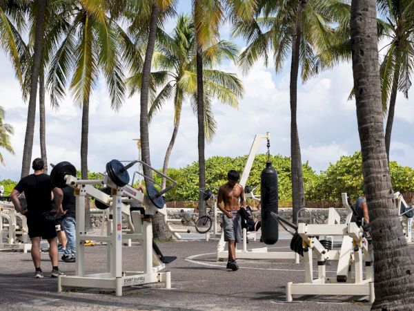 Outdoor gym on a sunny day with people using weight machines among palm trees by the sea, wearing workout clothes and hats.